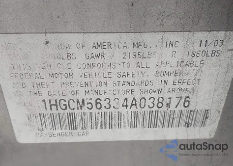 2004 Honda Accord 2.4 Lx из США, поврежденный, VIN 1HGCM56334A038176